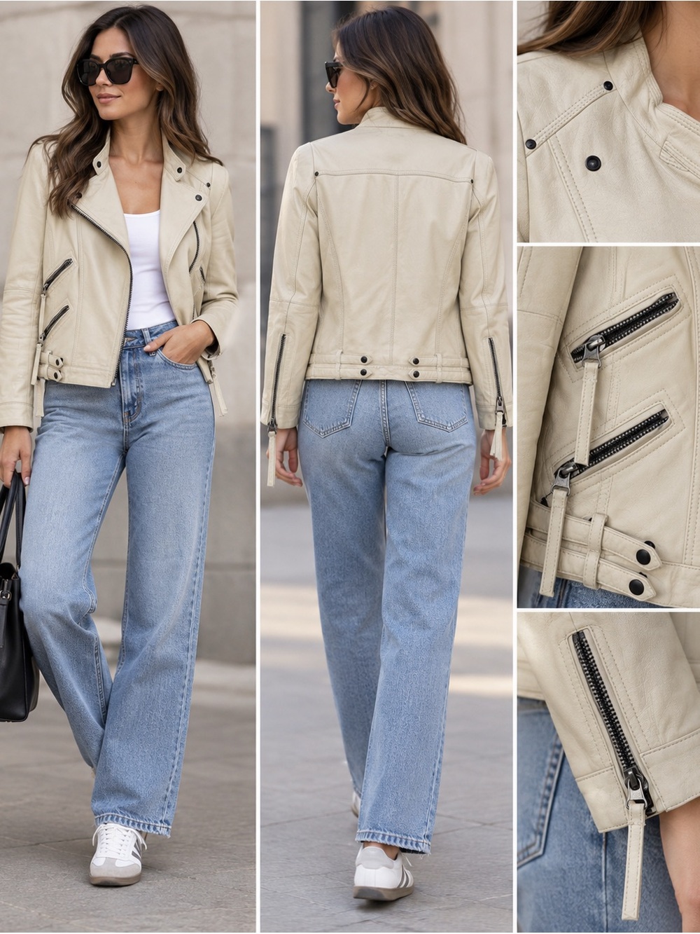 Stunning Zara woman beige Leather moto jacket size XS biker